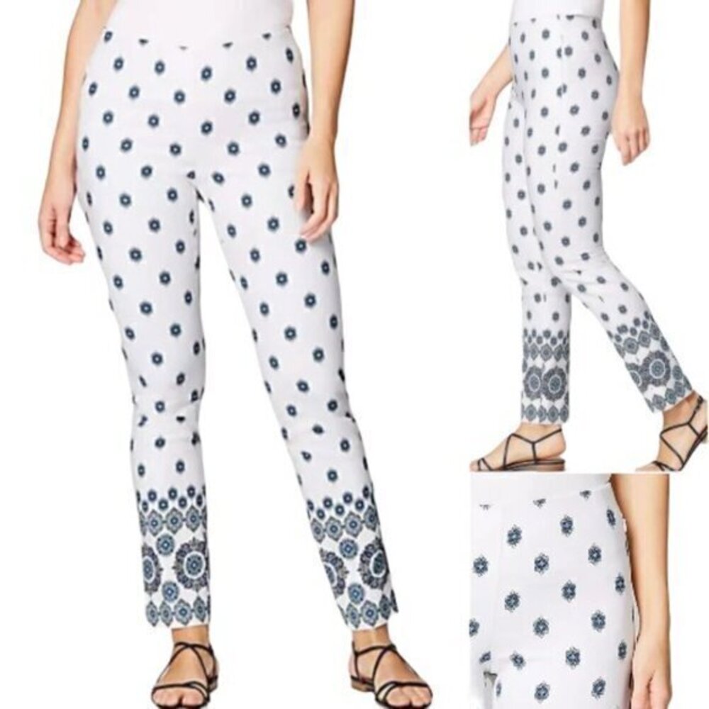 J Jill White Pattern Essential Cotton Stretch Ankle Pant Zip Pockets Size 14 EUC